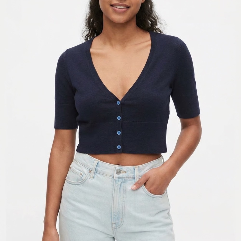 Gap Womens Navy Blue Linen Cotton Cropped Short Sleeve Cardigan Sweater XS